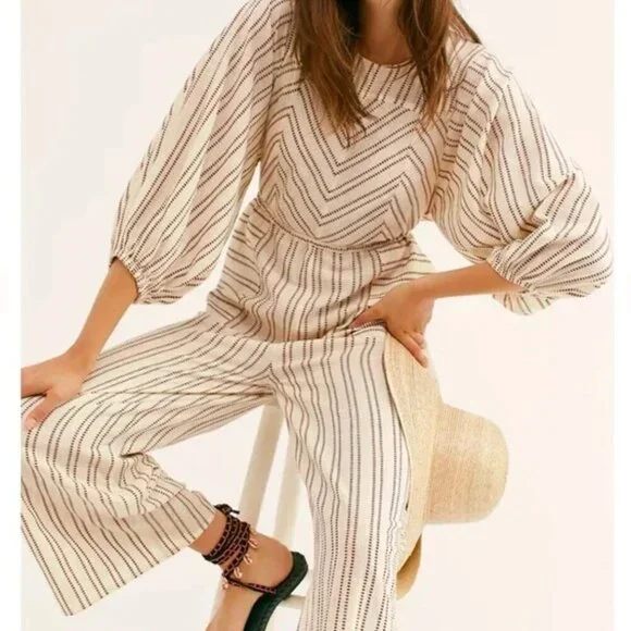 Free People Cream Brown Lightweight Kenny Striped One-Piece Jumpsuit Size Medium - Picture 3 of 11